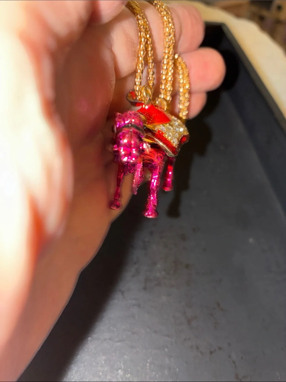 Camel Pink Enamel Pendant Necklace with Clear Crystals On The Saddle. Stands